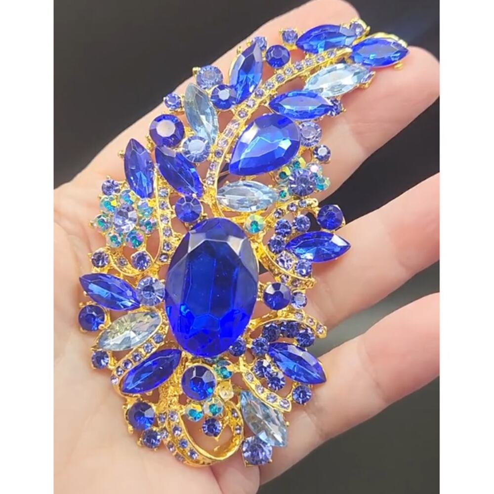 Blue Abstract Floral Brooch: Faux Jewels & Rhinestones, Large